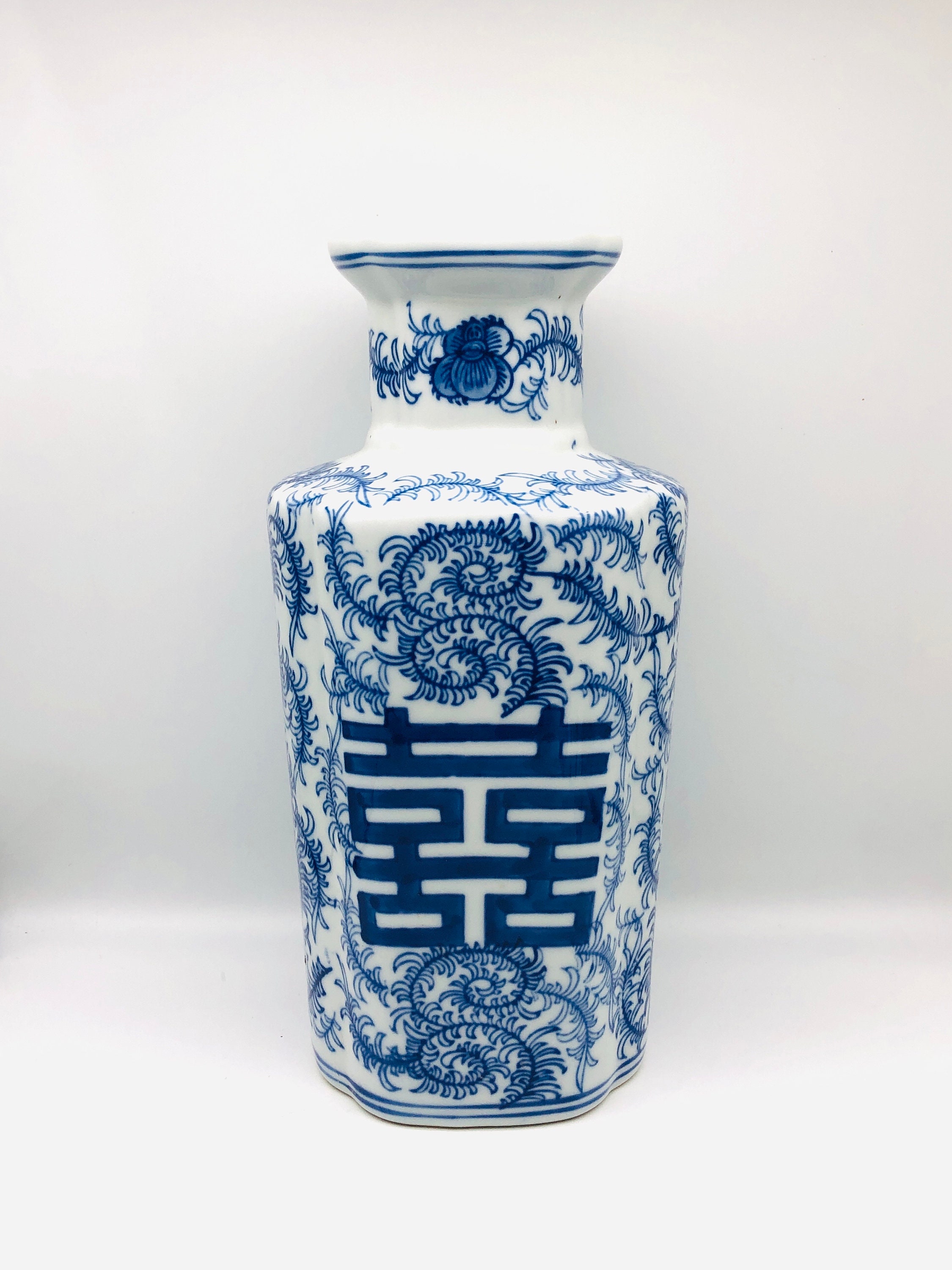 Vintage Chinese Blue and White Happiness Vase, Heavy Ceramic Vase, 12.5