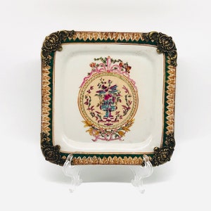 Vintage Wong Lee 1895 Ormolu Gold Gilt Chinese Ceramic Centerpiece Plate with Hand-Painted Crackle Glaze, Ornate Metal & Brass Accents