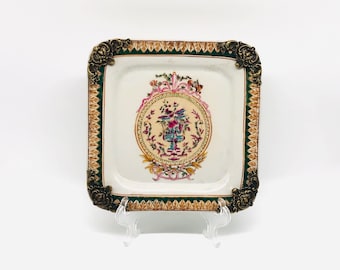 Wong Lee 1895 Ormolu Gold Vergoldeter Keramik Mittelstück Teller, handbemalte Crackle-Glasur, Messingakzente