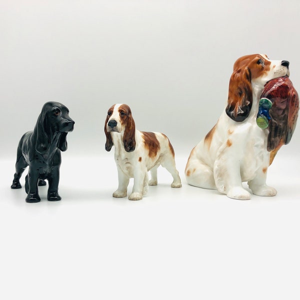 figurines vintage de chien Royal Doulton England, cockers, épagneul et faisan, figurines en porcelaine tendre