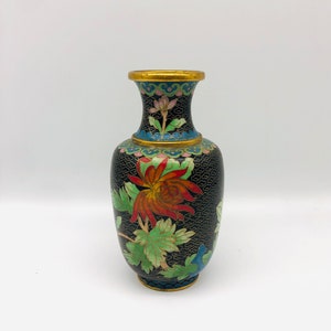 Vintage Chinese Cloisonné Vase - Black with Vibrant Red & Pink Floral Design - 5.5&quot; Tall, Enameled Vase