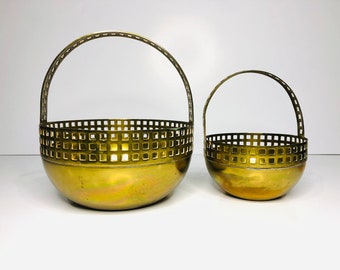 Vintage Brass Grid Baskets – Midcentury Modern Decor, Catchall Bowls with Handles, Fruit bowls