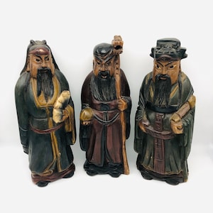 Tallas de madera antiguas de dioses chinos Sanxing (juego de 3) - Fu Lu Shou - Estatuas de fortuna, prosperidad y longevidad - Talladas a mano con detalles intrincados