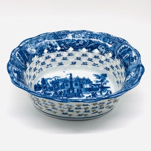 Grande e pesante ciotola in ceramica traforata Vintage Victoria Ware Ironstone, colore blu e bianco.