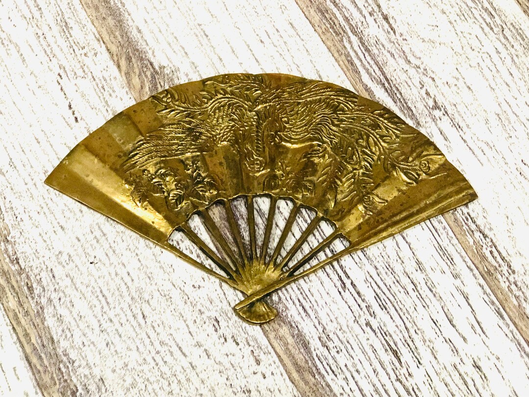 Vintage Solid Brass Asian Decorative Bird Motif Fan, Bird and Floral