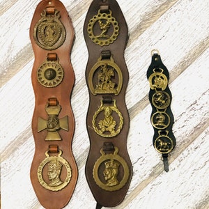 Vintage Solid Brass Horse Medallions on leather, equestrian, horse decor