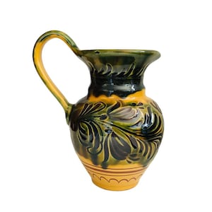 Handpainted Hungarian Majolica Pottery Pitcher - Vintage Floral Glazed Rustic Farmhouse Decor
