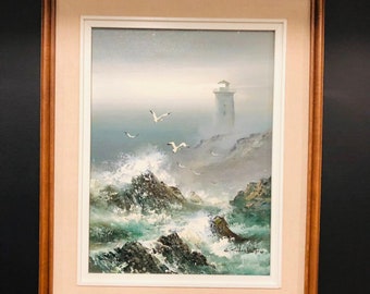 Vintage Oil Painting Seascape and Lighthouse painting, signed Charleston Oak Frame, matted