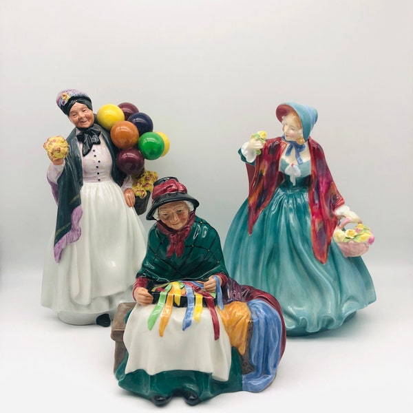 Vintage Royal Doulton Character figurines, Full size Bone China, Biddy Penny Farthing, Lady Charmain Silks and Ribbons, Made in England