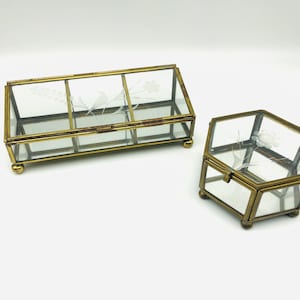 Vintage Brass & Glass Jewelry Boxes – Brass Framed Trinket Boxes with Etched Floral Design – Vanity Decor, Keepsake Storage, jewlery boxes