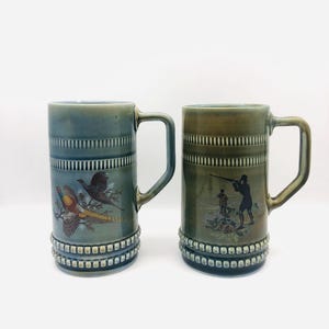 Vintage WADE Irish Beer Steins Large Tankards - Hunting scene, Pheasants, Made in Ireland