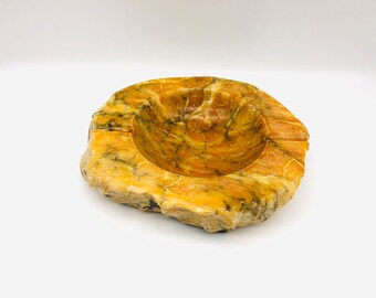 Large Mid-Century Italian Alabaster Ashtray - Hand Carved Yellow Stone Dish