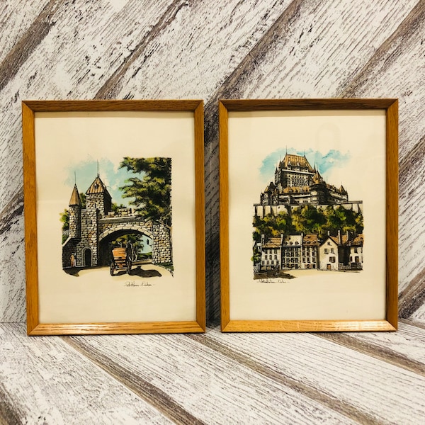 Vintage Pair of Quebec Watercolors, Porte St Louis Quebec, Chateau Frontenac Quebec, vintage 80s, solid wood frames