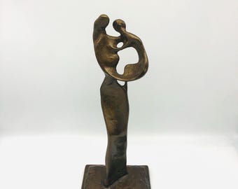 Vintage Bronze Mother & Child Sculpture – Abstract Minimalistic Figurative Statue