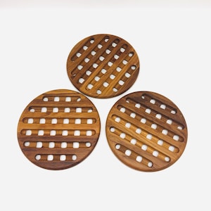 Vintage Teakwood Waffle Trivets | Mid-Century Modern Kitchen Decor | Natural Wood Coasters