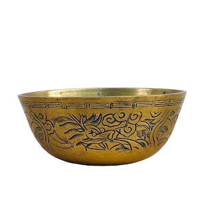 Vintage Brass Dragon Bowl – Hand-Etched Asian Decorative Collectible, bird and mountains, solid brass, meditation bowl