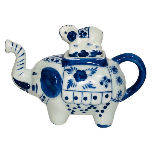 théière en forme d'éléphant chinois peinte à la main vintage, théière en céramique bleue et blanche