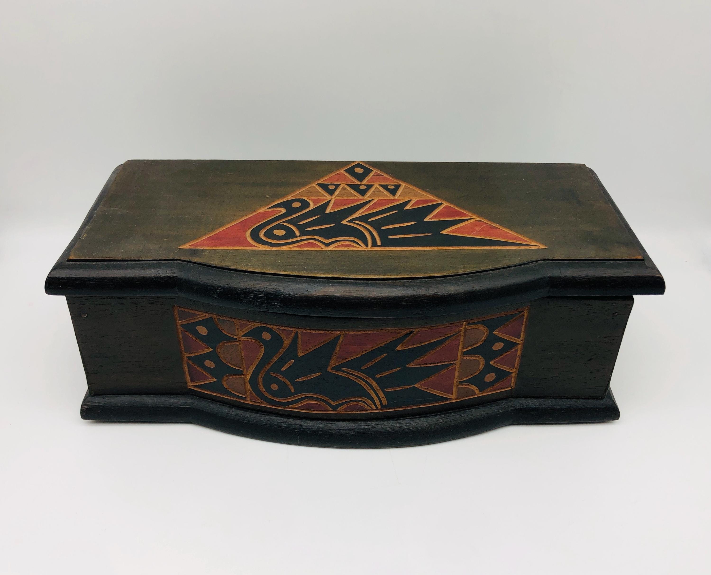 Vintage Handcrafted Wooden Keepsake Box – Pacific Northwest Heritage Bird Motif, Large Jewelry Box
