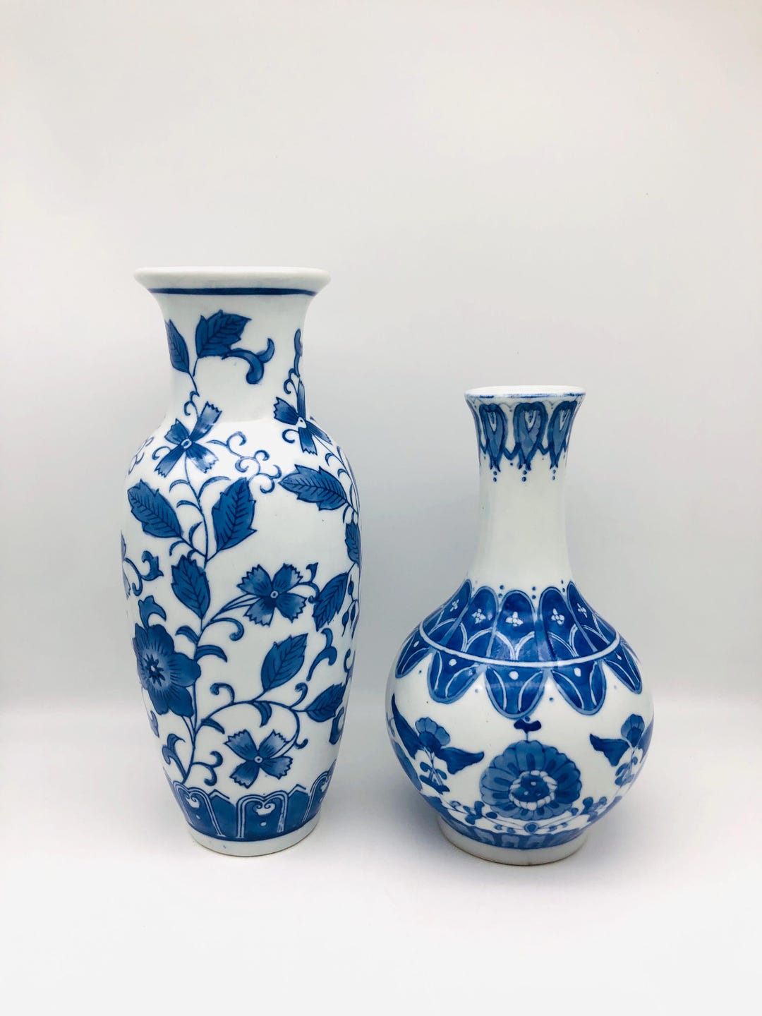Vintage Hand-painted Blue & White Floral Porcelain Vases - Chinese ...