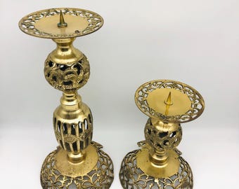 Vintage Pair of Brass Candleholders, Ornate Brass Filigree Candlestick Holders, Intricate brass stands