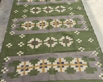 Tapete Kilim Navajo Verde, Decoração Vintage para Casa no Estilo Sudoeste, Tapete Dhurrie Artesanal de Tecido Plano, Tapete Kilim Tradicional Indiano Peruano de Juta Personalizado