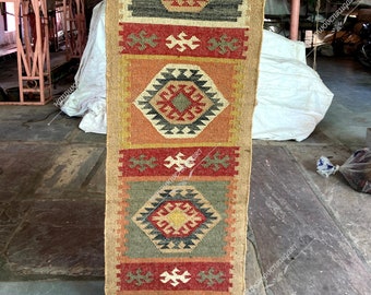 Handwoven Wool Jute Kilim Rug: Traditional Indian Dhurrie