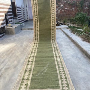 Handwoven Wool Jute Kilim Runner Rug: Geometric Indian Design