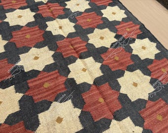Multi Sizes Rug for Room | Handwoven Geometric Indian Kilim | Eco-Friendly & Sustainable | Kitchen, Bedside, Hallway, Entry, Custom