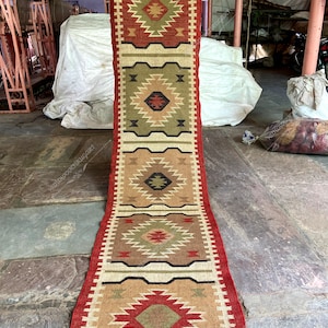 Handwoven Wool Jute Kilim Runner Rug: Bohemian Stair Hallway Rug