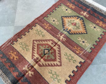 Handwoven Wool Jute Kilim Rug – Boho Flatweave Area Rug, Tribal Decor for Living Room