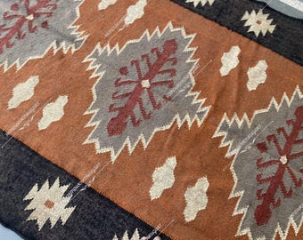 Handwoven Wool Jute Kilim Rug, Geometric Dhurrie, Indian multicolor large area carpet Handwoven Geometric Boho Area Rug