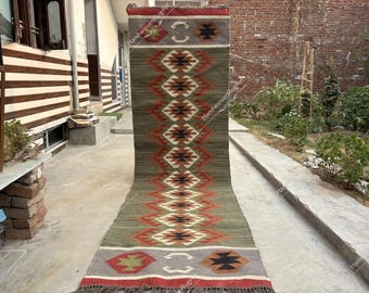 Handwoven Wool Jute Kilim Dhurrie – Traditional Indian Carpet, Rustic Boho Floor Decor