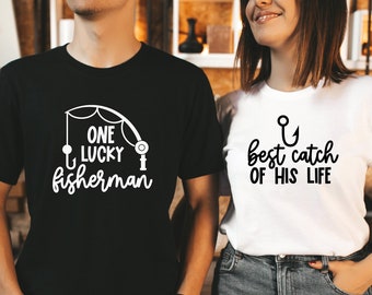 One Lucky Fisherman, Best Catch of His Life, Couples TShirts, Couple Matching T Shirts, Lovers Shirt,Funny Shirts for Couples,Honeymoon Tees