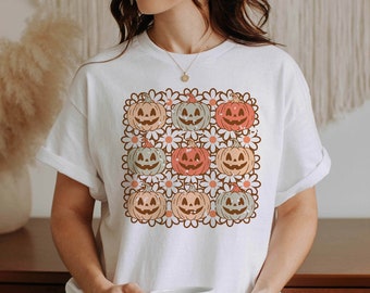Retro Pumpkins & Flowers Shirt, Grunge Happy Face Pumpkin,Vintage Fall Shirt,Groovy Halloween,Happy Flowers,Retro Smile Face,Halloween Gift