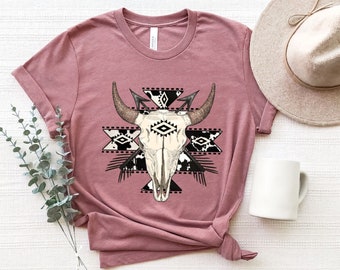 Aztec Western Bull Skull T-Shirt, Western Shirt, Boho Desert Shirt, Cow Skull T-Shirt, Desert Vibes Shirt,Cowgirl Gift,Vintage Country Style