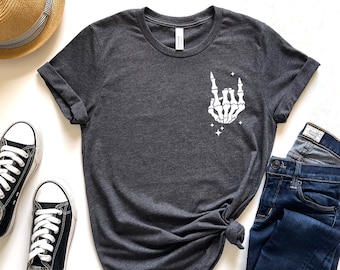 Skeleton Rock and  Roll Shirt, Rock & Roll Hand Sign T-Shirt, Skeleton Hand Rock n Roll, Unisex shirt, Vintage Style Rock and Roll Lover Tee