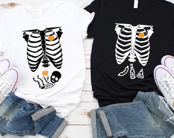 Skeleton Maternity Couples Halloween Shirt, Pregnant Skeleton Matching Shirt, Pregnancy Announcement Shirt, Halloween Pregnancy Shirt
