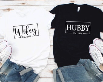 Wifey Hubby Est 2026 T-Shirt, Customized Hubby & Wifey TShirt, Wifey and Hubby Shirt, Engagement, Honeymoon, Wedding, Anniversary Couple Tee