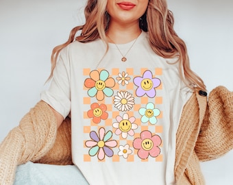 Retro Checkered Pattern Floral Shirt, Grunge Smile Face, Boho Aesthetic Shirt, Retro 70&#39;s Style, Vintage Trendy Tee, Groovy Happy Flower,Y2K