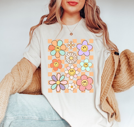 Retro Checkered Pattern Floral Shirt, Grunge Smile Face, Boho Aesthetic Shirt, Retro 70's Style, Vintage Trendy Tee, Groovy Happy Flower,Y2K
