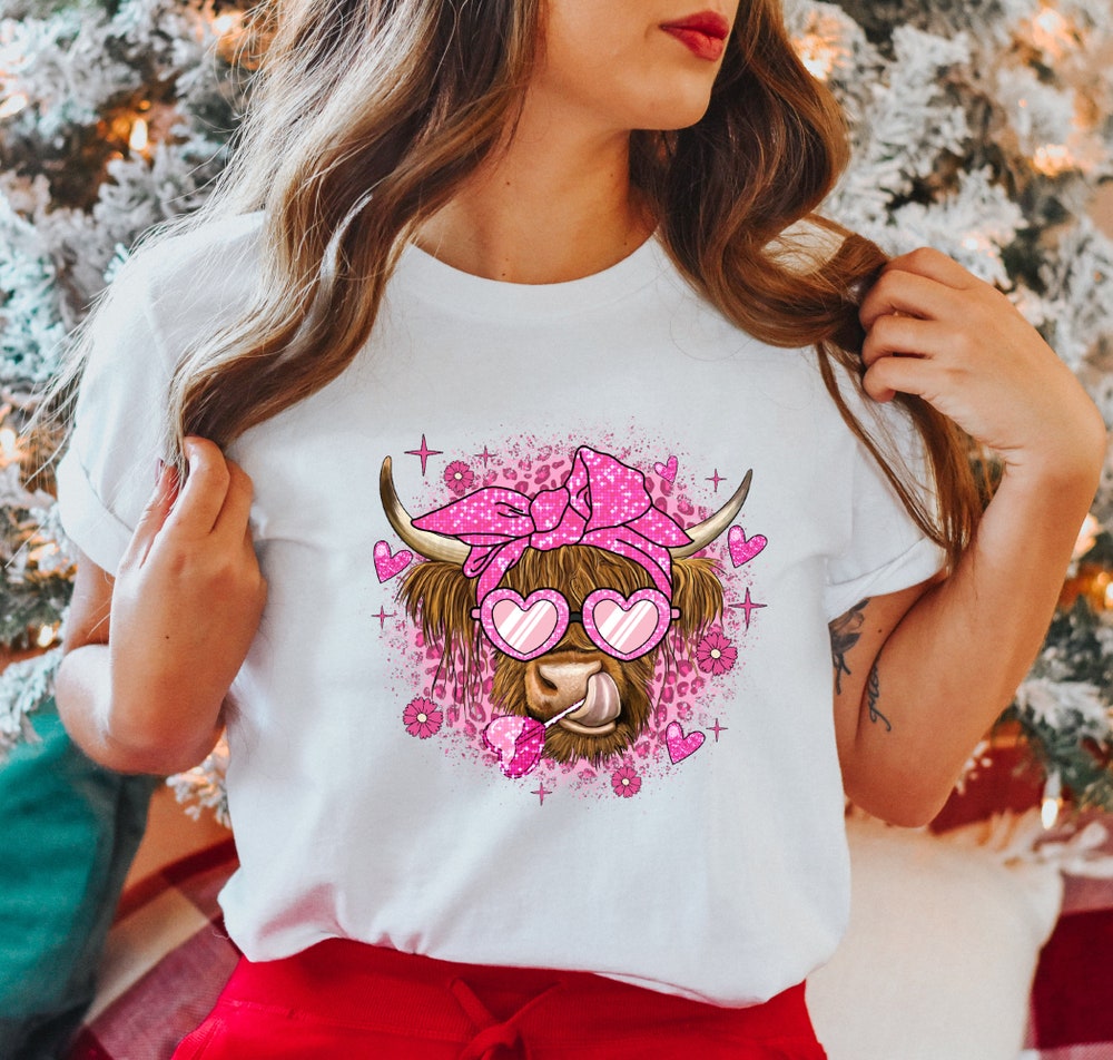 Valentine'S Day Valentine'S Day Highland Cow Tshirt, Cute Highland Cow Shirt, Valentines Day Gift For Farmer,Gift For Her,Boujee Heifer Shirt,Girlfriend Tee Funny Cow Shirt Gifts For Day Shirthome