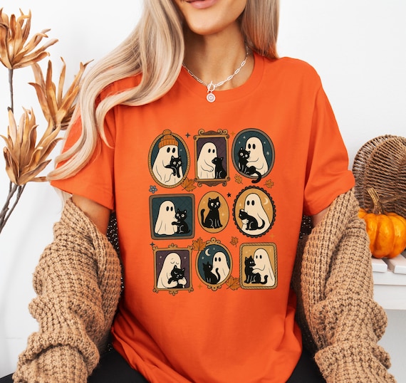 Halloween  Ghost Black Cat T-shirt,Halloween T-shirt For Cat Mom, Cute Ghost T-shirt, Retro Ghost T-shirt, Women's Halloween T-shirt,Cat Tee