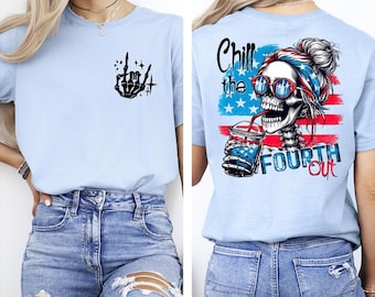 Camiseta "Chill The Fourth Out", camiseta divertida de esqueleto de EE. UU., camiseta gráfica retro patriótica, camiseta para fiesta del Día de la Independencia.
