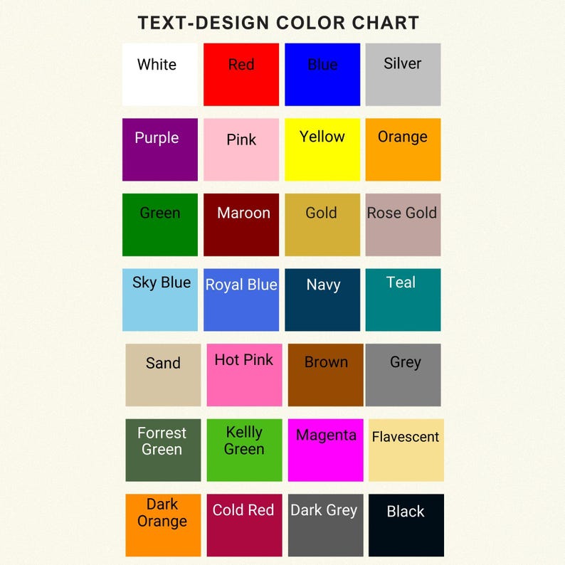 May include: Color chart with 20 different color swatches, including white, red, blue, silver, purple, pink, yellow, orange, green, maroon, gold, rose gold, sky blue, royal blue, navy, teal, sand, hot pink, brown, grey, forrest green, kelly green, magenta, flavescent, dark orange, cold red, dark grey, and black.