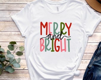 Merry and Bright T-Shirt, Christmas Graphic Tee, Holiday Shirt for Women, Retro Christmas Tee, Cute Festive Shirt, Merry Christmas Gift Idea