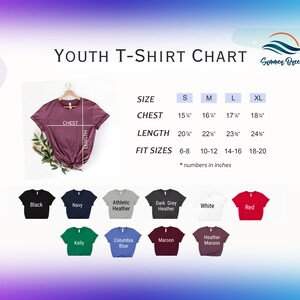 the youth t - shirt chart with different colors and sizes
