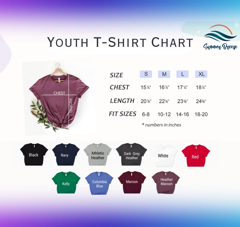 the youth t - shirt chart with different colors and sizes