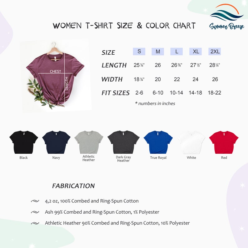 Op de afbeelding: Maattabel en kleurenkaart voor dames T-shirts met een voorbeeld T-shirt in bordeauxrood. De tabel toont maten S tot en met 2XL met de bijbehorende lengtes, breedtes en pasvormen in inches. De tabel toont ook negen verschillende kleuropties voor het T-shirt: zwart, marine, atletiek heather, donkergrijs heather, true royal, wit, rood en twee tinten heather.
