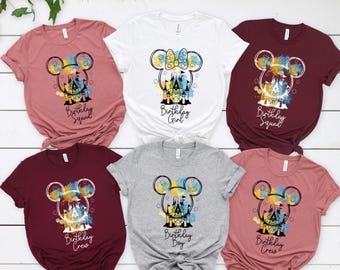 Watercolor Disney Character T-shirt, Mickey Minnie Ears T-shirt, Castle Disney Birthday Tee, WDW Disneyland Birthday Trip, Birthday Matching