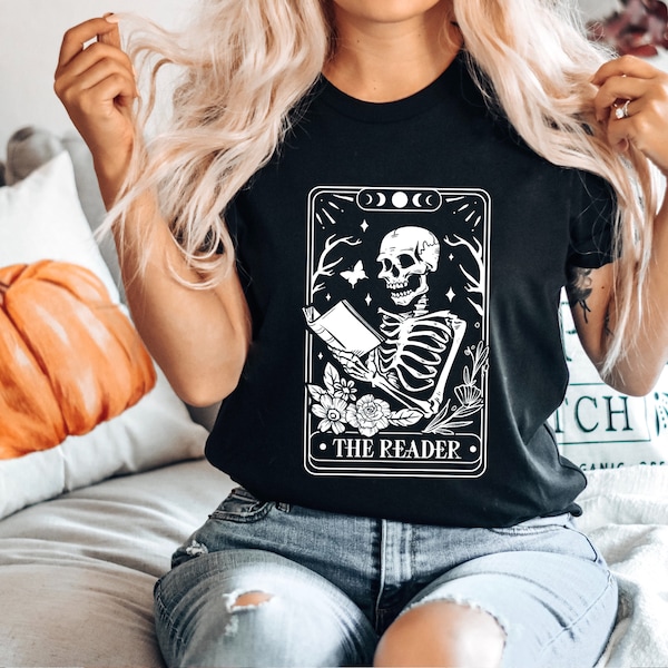 The Reader Tarot Card T-Shirt, Skeleton Reading Shirt, The Reader Tee, Halloween Book Lover Gift, Booktrovert Tee,Book Nerd,Spooky Librarian